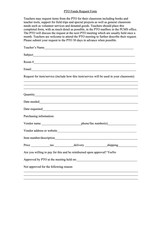 Pto Funds Request Form - Teachers Printable pdf