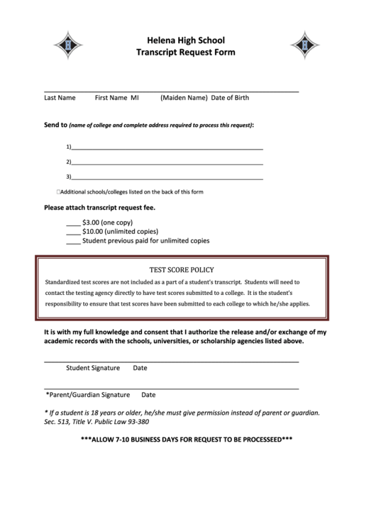 Helena High School Transcript Request Form - Shelby County Schools Printable pdf