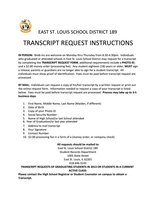 Transcript Request Instructions Printable pdf