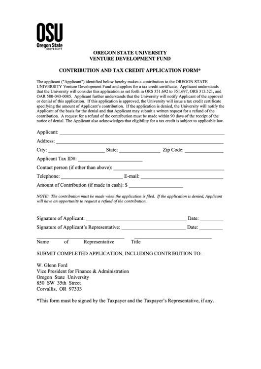 Fillable Oregon State Tax Credit Application Form Printable pdf