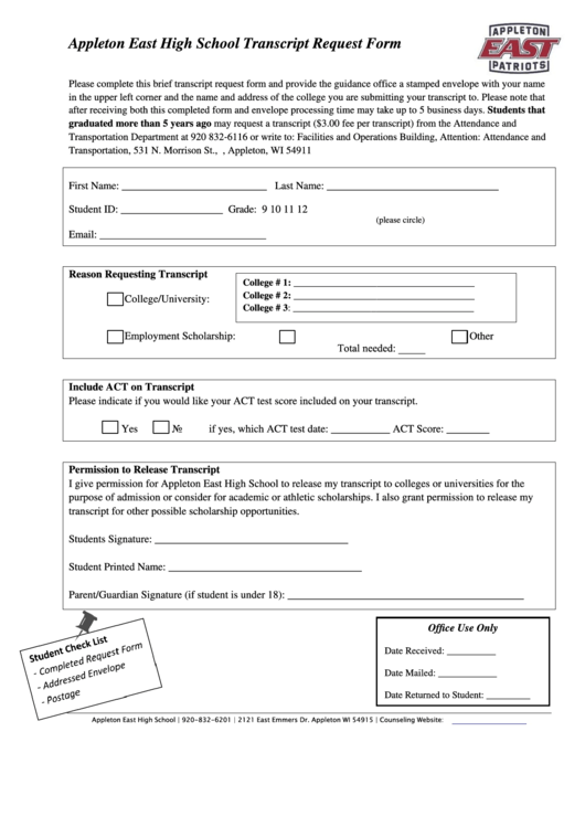 Appleton East High School Transcript Request Form Printable pdf