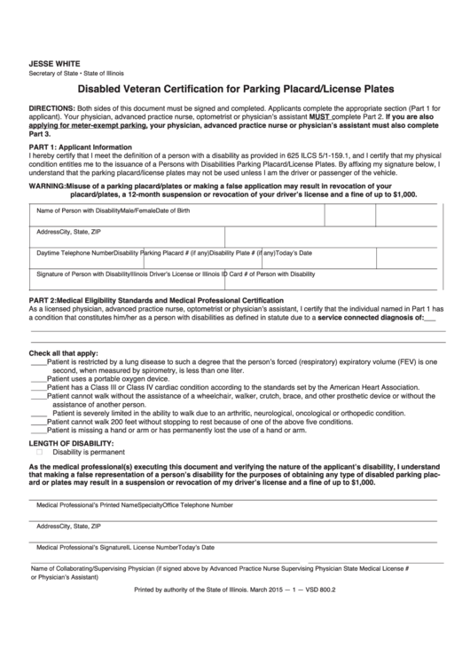 Fillable Disabled Veteran Certification For Va Plates Printable pdf