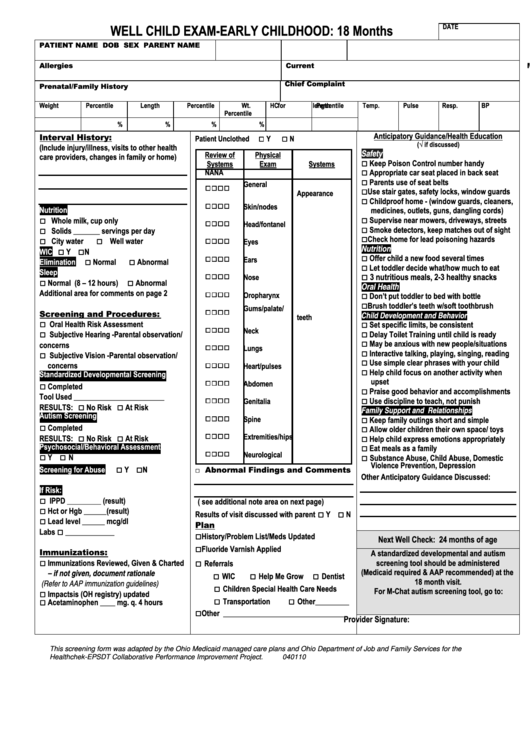 Well Child Exam Form Early Childhood 18 Months printable pdf download