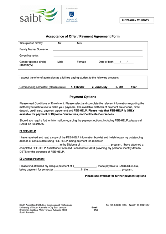 Acceptance Of Offer / Payment Agreement Form Payment Options Printable pdf