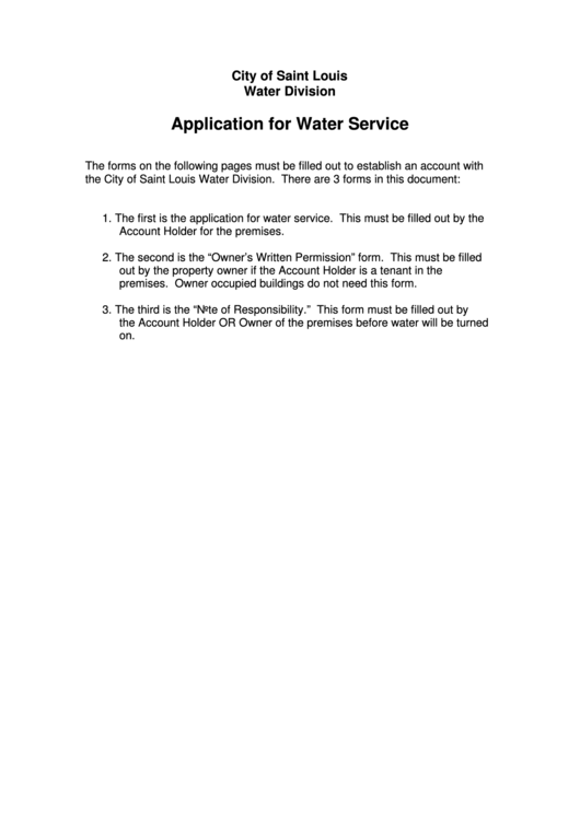 Application For Water Service Printable pdf