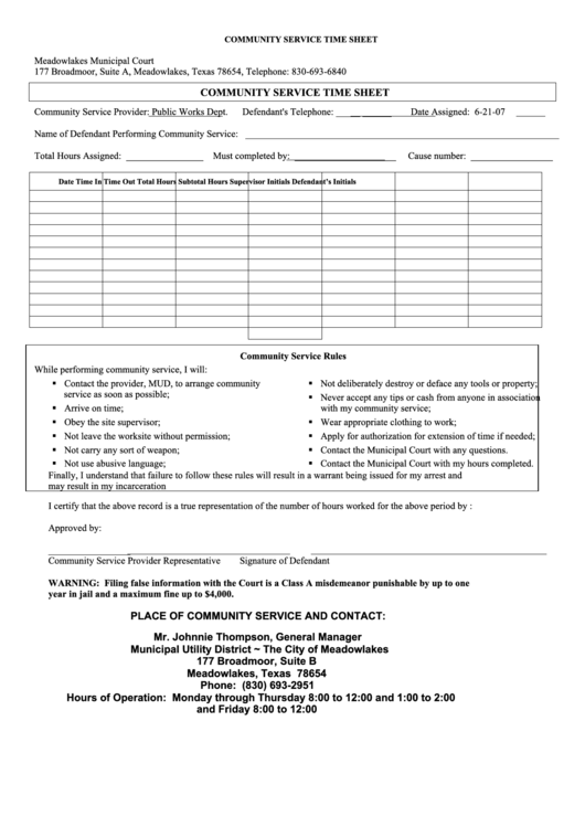 Community Service Time Sheet Printable pdf