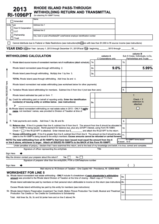 Form Ri-1096pt - Rhode Island Pass-Through Withholding Return And Transmittal - 2013 Printable pdf