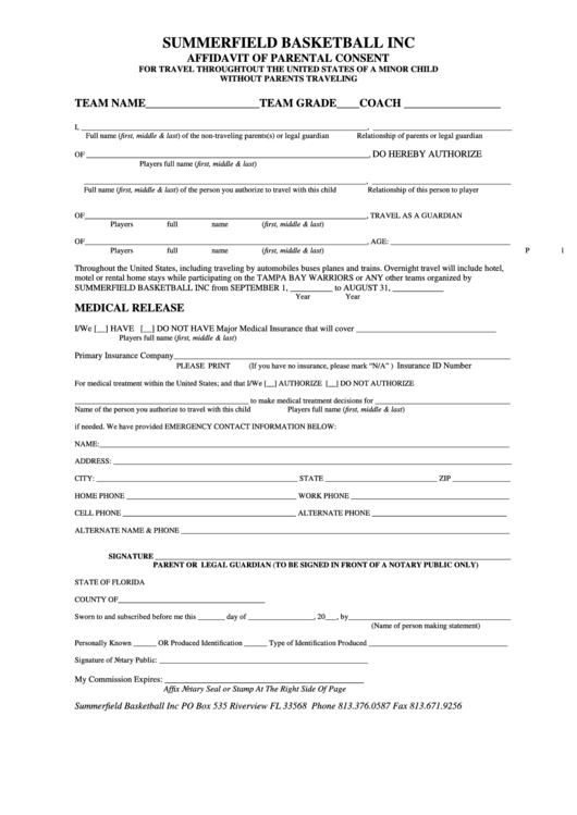 Fillable Affidavit Of Parental Consent For Travel Throughtout The United States Of A Minor Child Without Parents Traveling Printable pdf