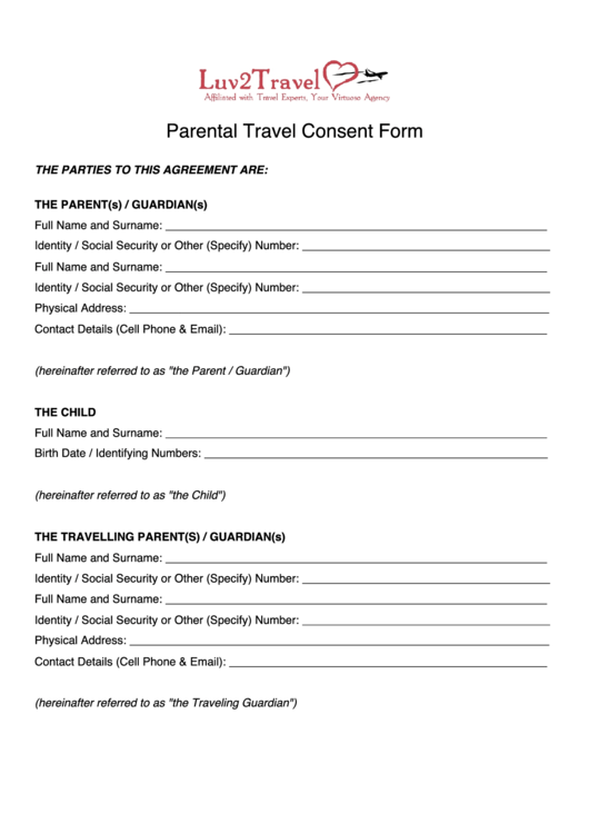 Parental Travel Consent Form Printable pdf