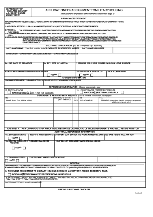 Fillable Application For Assignment To Military Housing Printable pdf