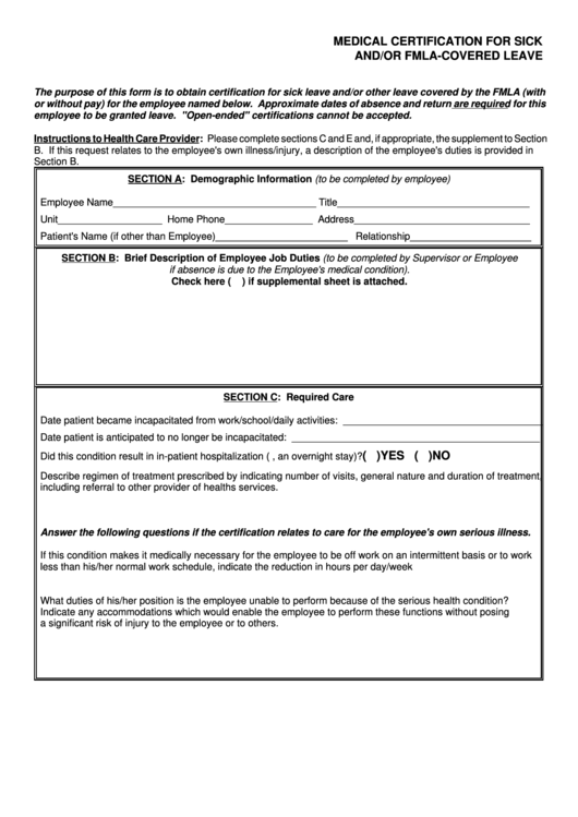 Fillable Medical Certification For Sick And/or Fmla-Covered Leave Form Printable pdf