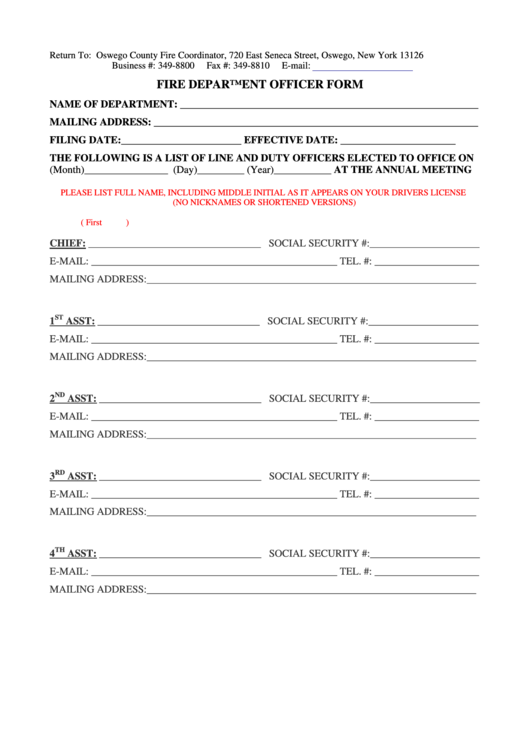 Fire Department Officer Form Printable pdf