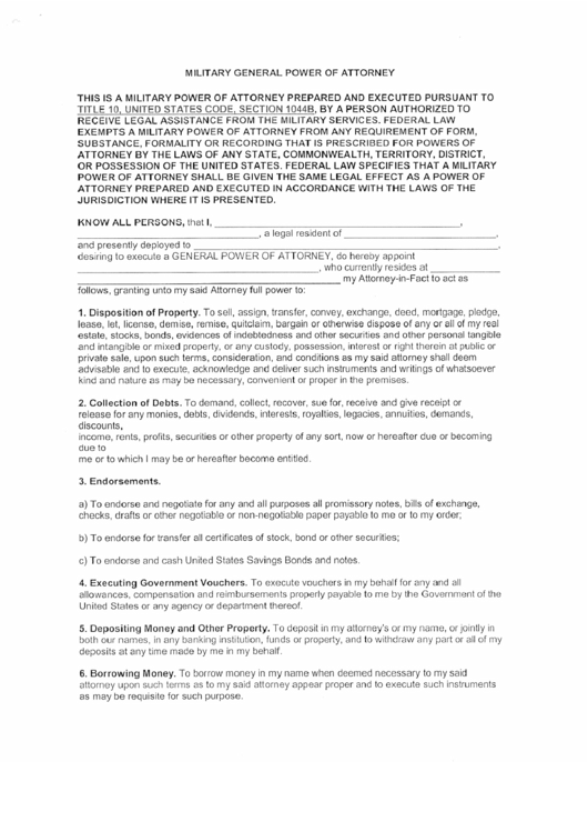 Military General Power Of Attorney Form Printable pdf