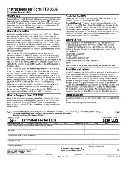 Fillable Form 3536 (Llc) - Estimated Fee For Llcs - 2011 Printable pdf