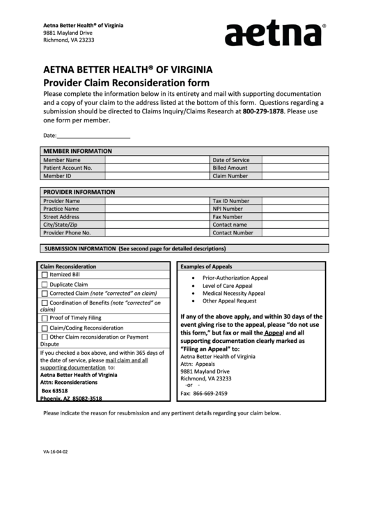 Virginia Provider Claim Reconsideration Form printable pdf ...