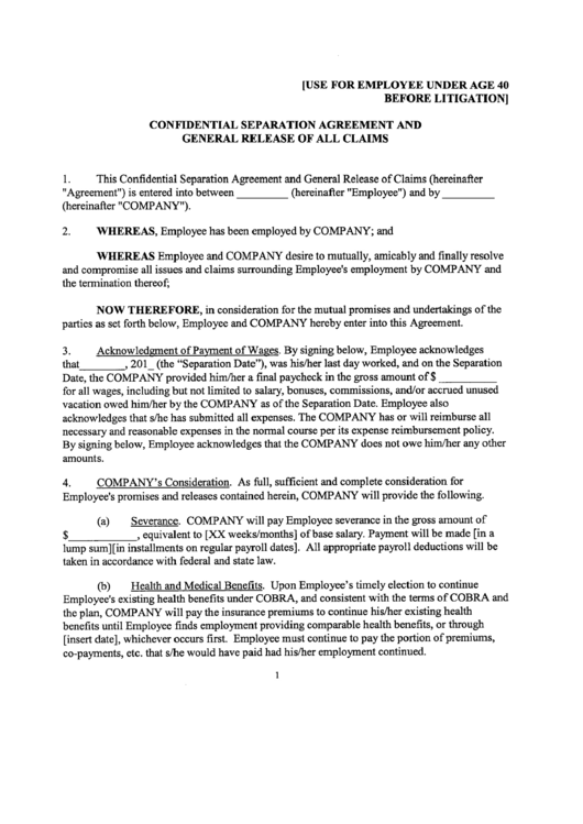 Confidential Separation Agreement And General Release Of All Claims Printable pdf