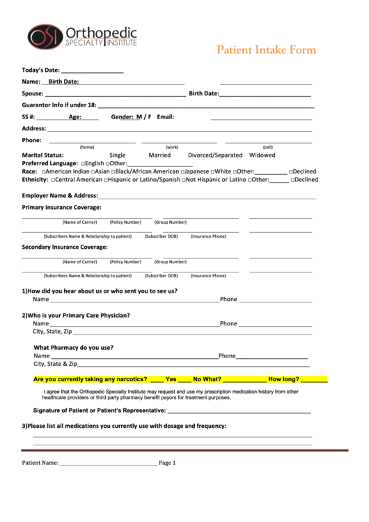 Patient Intake Form Orthopedic Specialty Institute Printable pdf