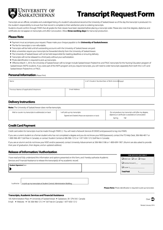 Fillable Transcript Request Form Students - University Of Saskatchewan Printable pdf