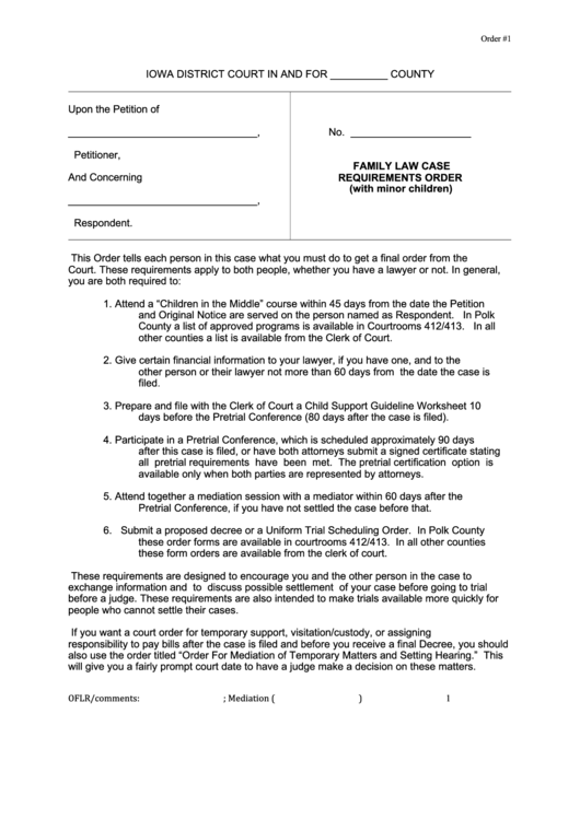 Family Law Case Requirements Order (With Minor Children) Form - Iowa District Court Printable pdf
