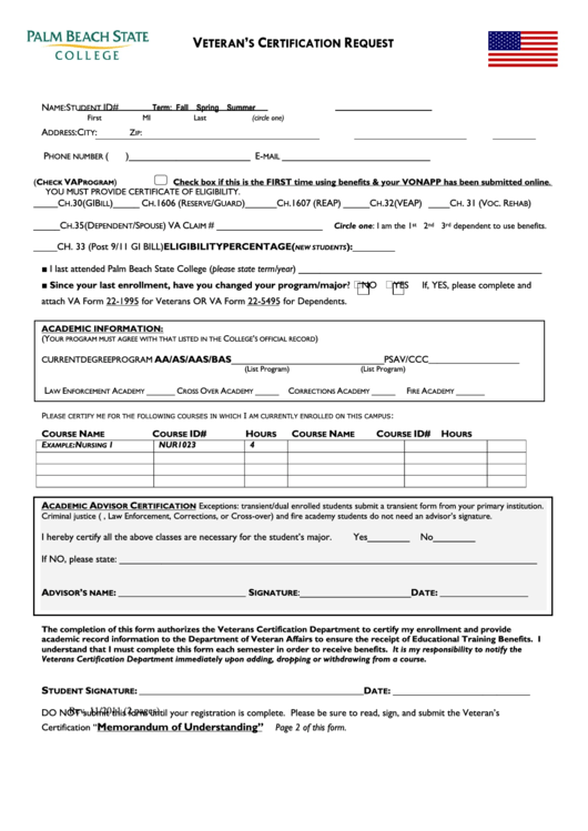 Veterans Certification Request - Palm Beach State College Printable pdf