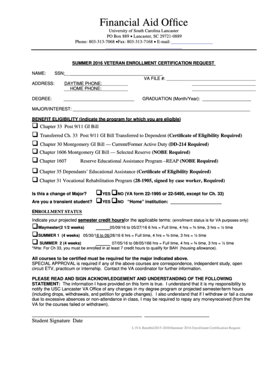 Veteran Enrollment Certification Request Form - 2016 Printable pdf