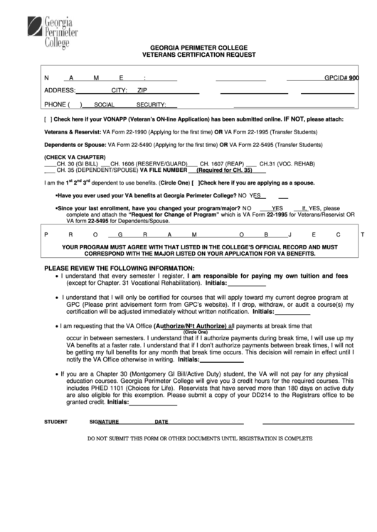 Georgia Perimeter College Veterans Certification Request Name Printable pdf