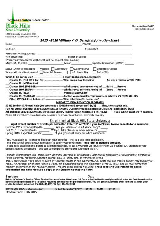 Black Hills State University Va Benefit Information Sheet Printable pdf