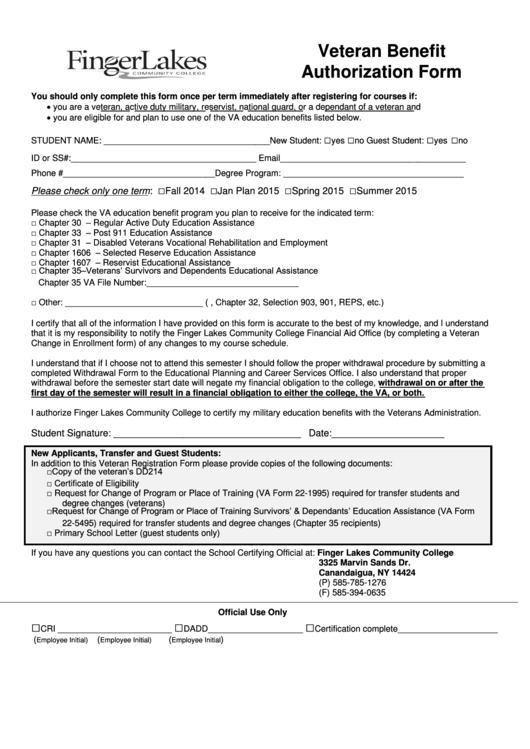 Veteran Benefit Authorization Form Printable pdf