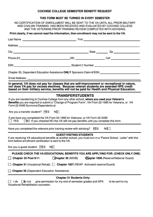 Semester Benefit Request - Cochise College Printable pdf