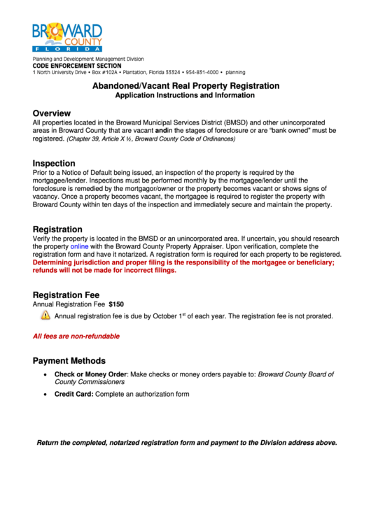 Fillable Abandoned Vacant Real Property Registration Form Printable pdf