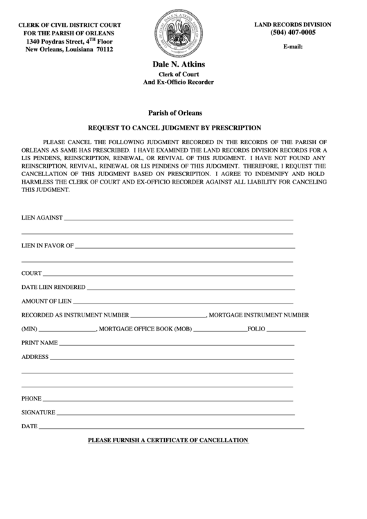 Request To Cancel Judgment By Prescription Printable pdf