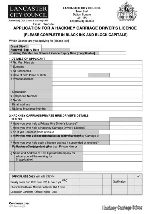 Hackney Carriage Driver Application - Lancaster City Council Printable pdf