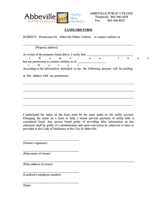 Landlord Form (Permission For Abbeville Public Utilities To Connect Utilities) Printable pdf