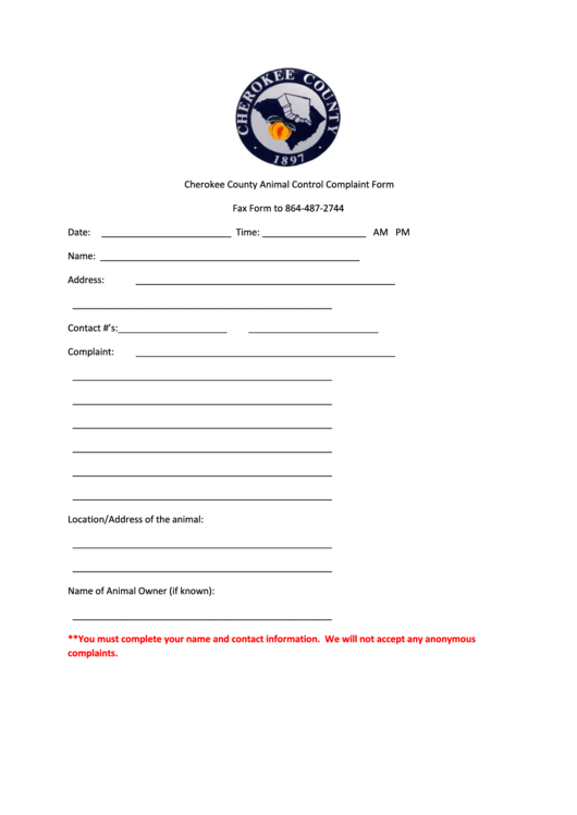 Cherokee County Animal Control Complaint Form Printable pdf