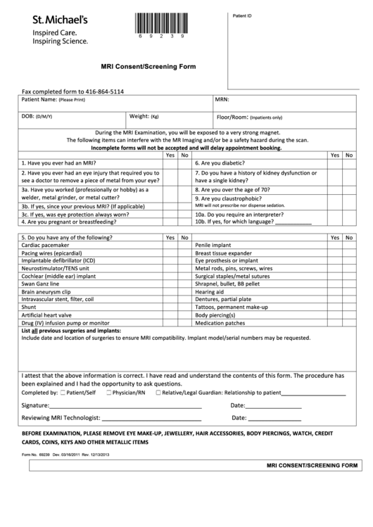 Mri Consent Form Printable pdf