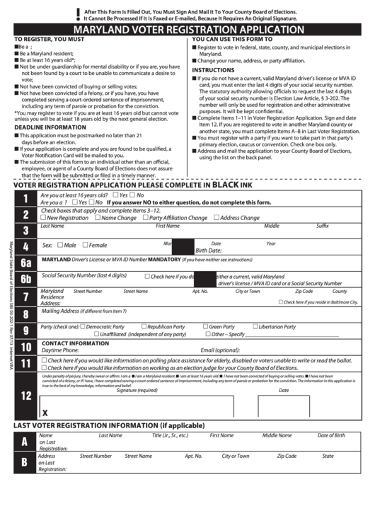 Fillable Maryland Voter Registration Application Form Printable pdf