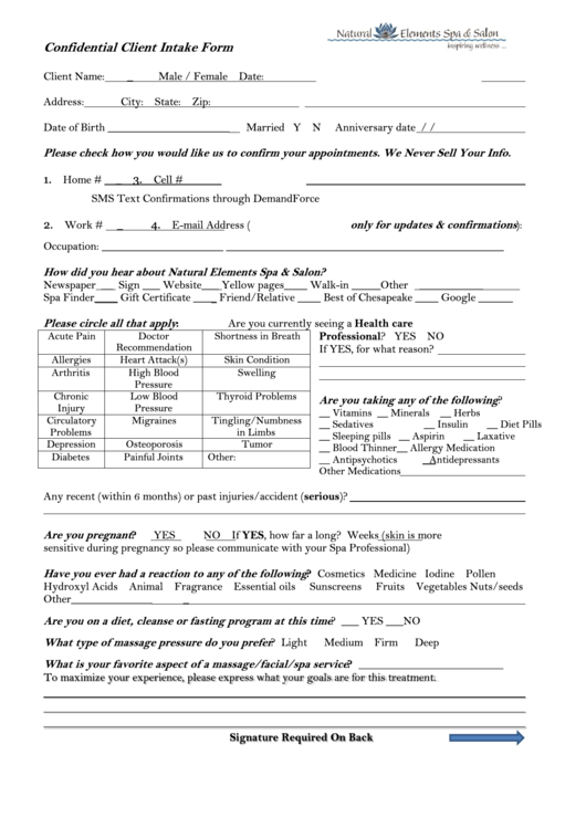 Confidential Client Intake Form Printable pdf