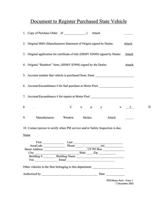 Document To Register Purchased State Vehicle Printable pdf