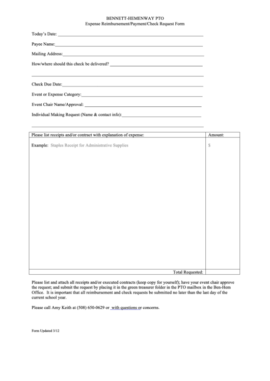 Expense Reimbursement/payment/check Request Form Printable pdf