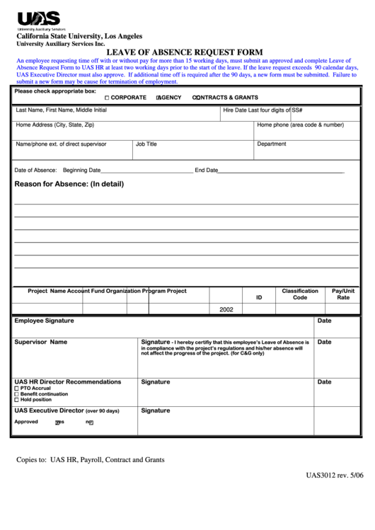 Fillable Leave Of Absence Request Form - Cal State La California State Printable pdf