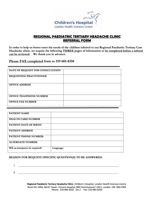 Paediatric Neurology Regional Tertiary Headache Clinic Referral Form Printable pdf