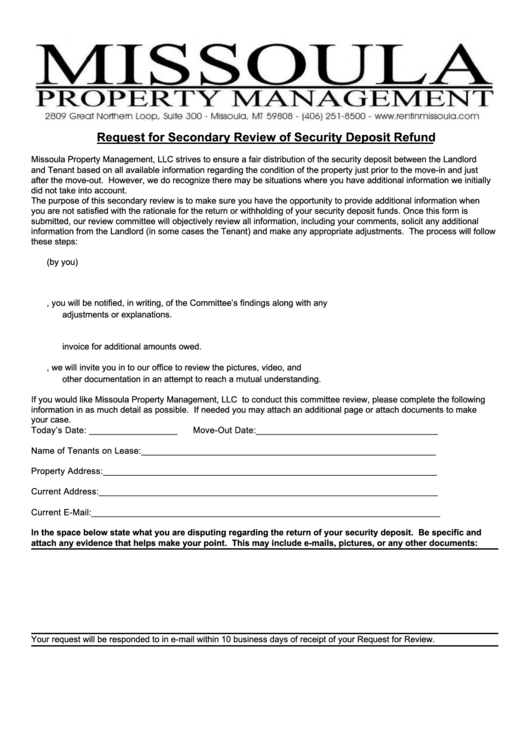 Request For Secondary Review Of Security Deposit Refund Printable pdf