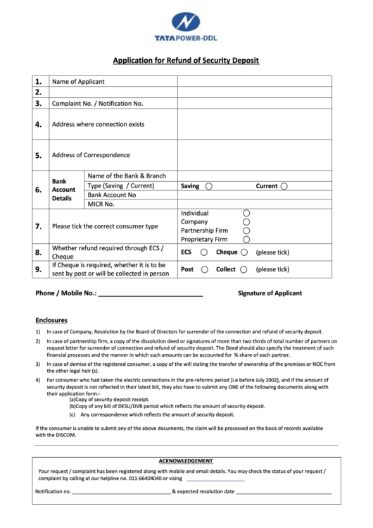Application For Refund Of Security Deposit 6. 8. 9. Printable pdf