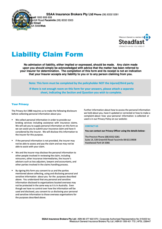 Liability Claim Form - Ssaa Insurance Brokers Printable pdf