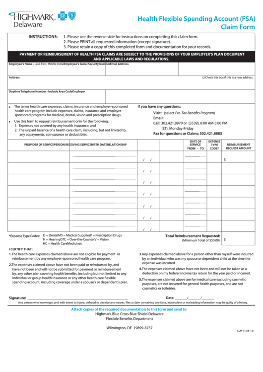Form Clm-113 - Health Flexible Spending Account Fsa Claim Form Printable pdf