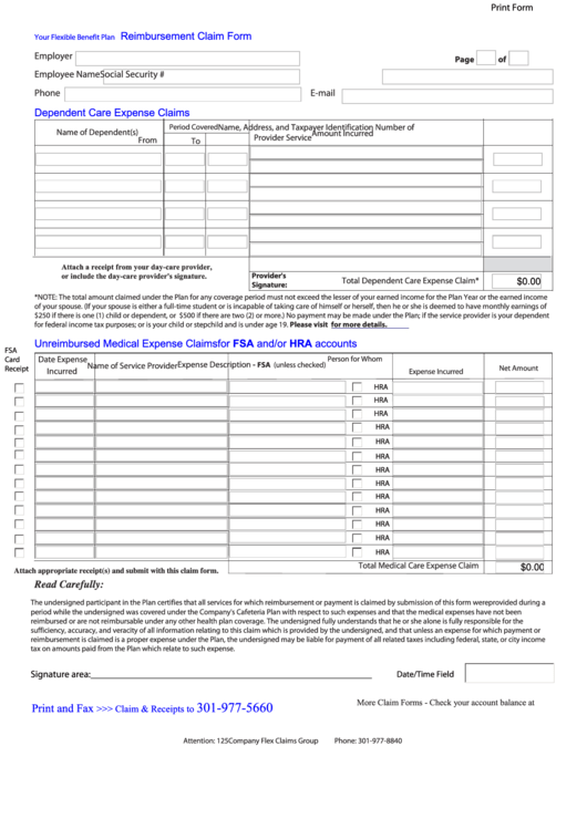 Fillable Fsa Reimbursement Claim Form Printable pdf
