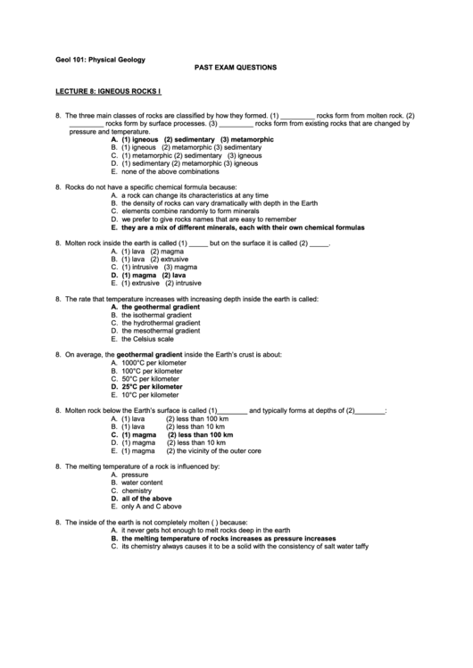 Geol 101 Physical Geology Past Exam Questions Lecture 8 Printable pdf