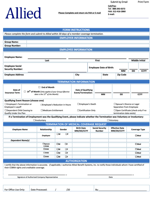 Fillable Allied Benefit Systems Summit Insurance Services Termination Form Printable pdf