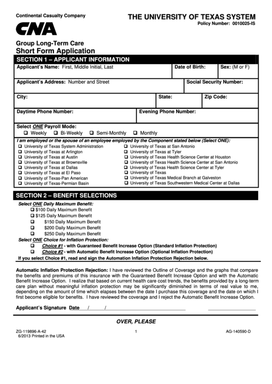 Ltc Short Form Application For Current University Of Texas System Printable Pdf Download