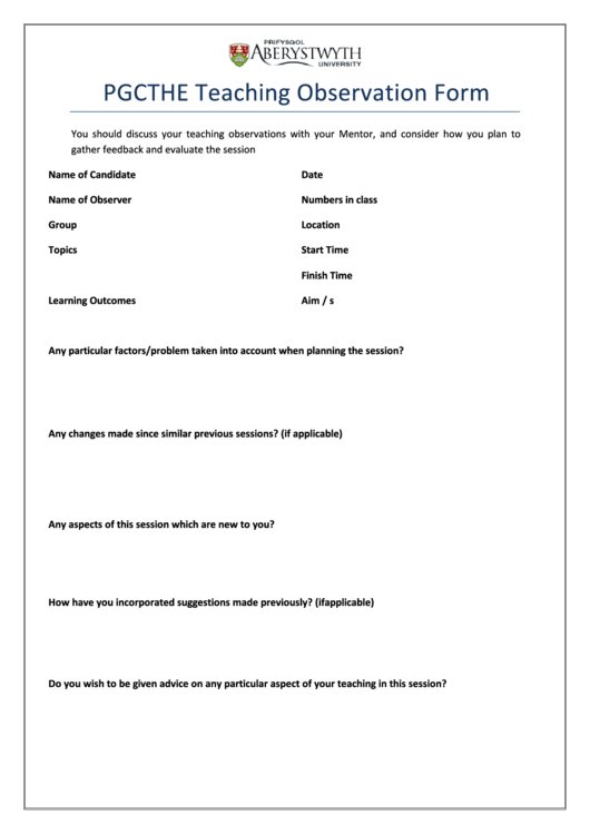 Fillable Pgcthe Teaching Observation Form Printable pdf